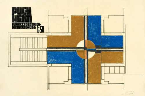 Hans Steineder, Volks- und Hauptschule der Schulschwestern, Maria-Theresien-Straße 5, Attnang-Puchheim, Oberösterreich, 1934–1935, Farbschema Terrazzoestrich, Obergeschoss, Tusche und Farbstift auf Transparentpapier.