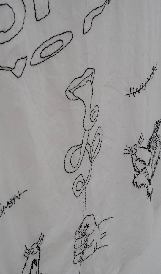 Monika Drozynska, Wind of change, 2021 (Detail). Handstickerei auf Baumwollstoff / hand embroidery on cotton fabric, 159 x 81 cm