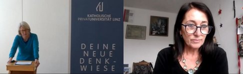 Screenshot von Univ.-Prof. Dr.in Anna Minta und Univ.-Prof. Dr.in Gabriella Hauch bei der Präsentation von "Licht.Schatten.Dasein" am 8. März 2021..