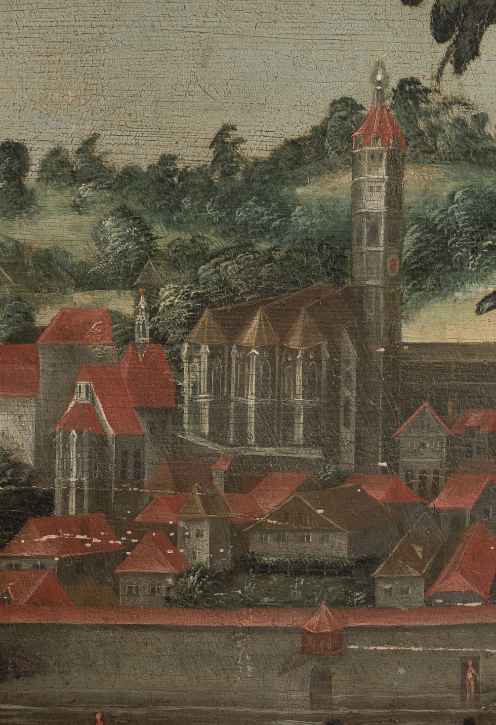 Detailausschnitt eines Tafelbildes von Coloman Dorninger zeigt Vedute der frühneuzeitlichen Stadt Steyer und der Stadtpfarrkirche.