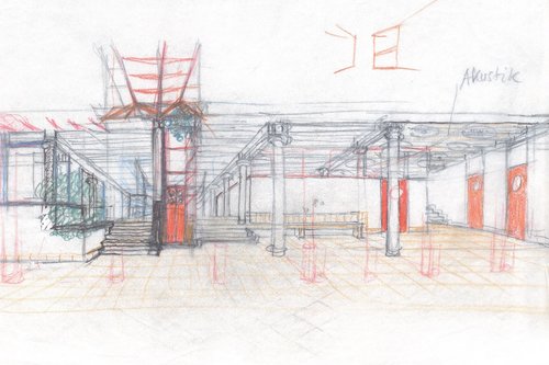 Entwurfsskizze für das Foyer des Neubaus der KTHL/KU Linz von Hans Puchhammer.