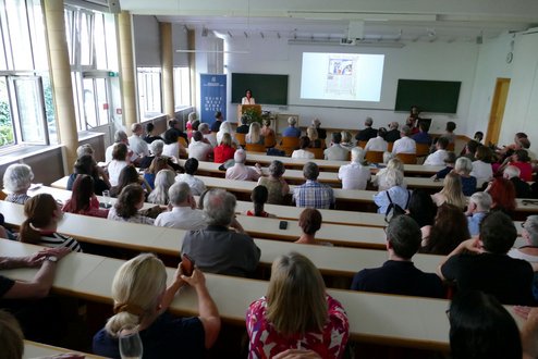 Schlussvorlesung in der Aula der KU Linz. Blick in den Hörsaal.