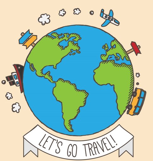 Drawn picture of the world with a ship, plane and bus, saying "let's go travel"