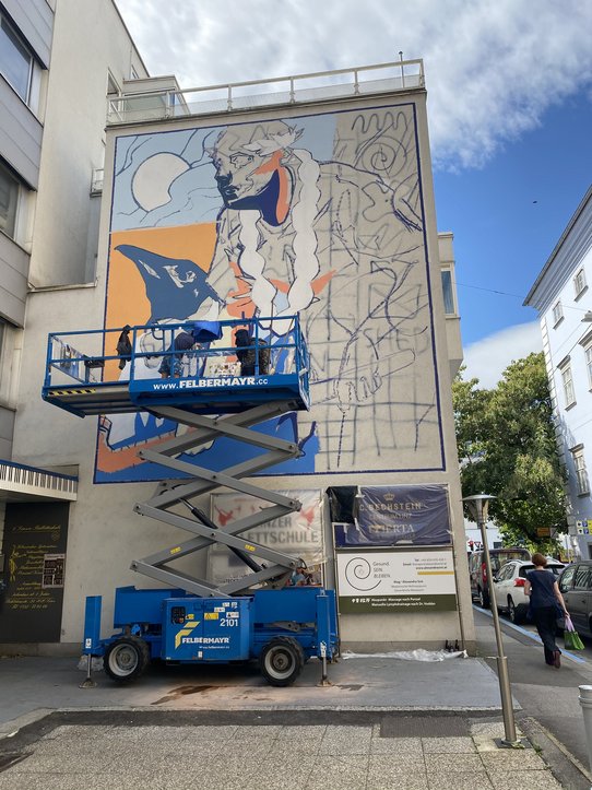 Arbeit am Mural an der Außenfassade des Neubaus der KU Linz, Foto: Eder/KU Linz
